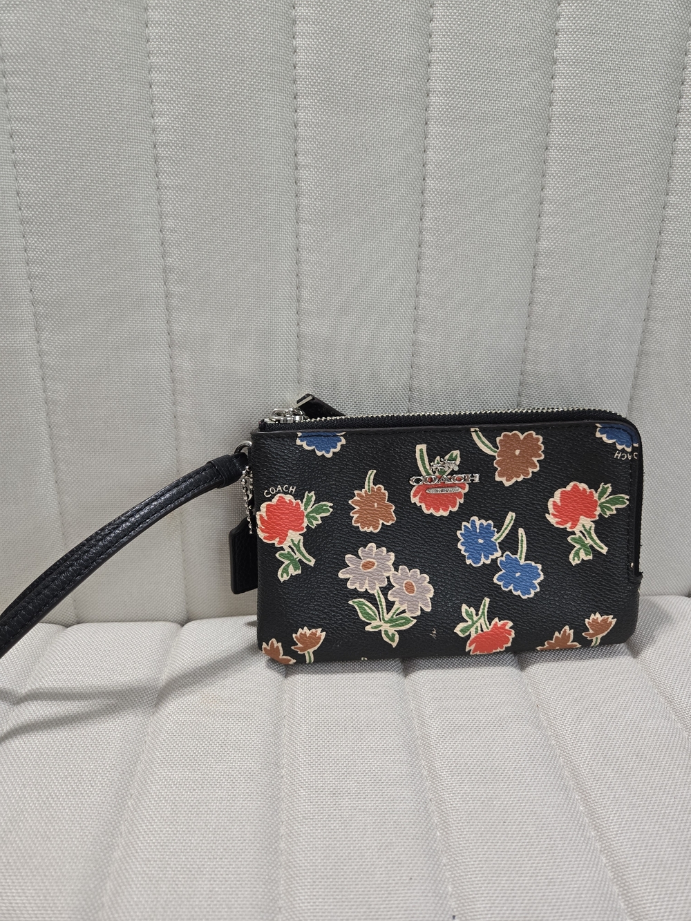 Coach Black Floral Leather Wristlet with Multicolor Flowers